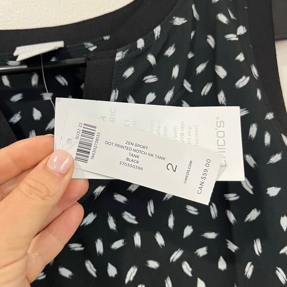 Chico’s Zen Sport Black White Dot Print Notch Neck Tank Top NWT Size 2 US L - Picture 6 of 8